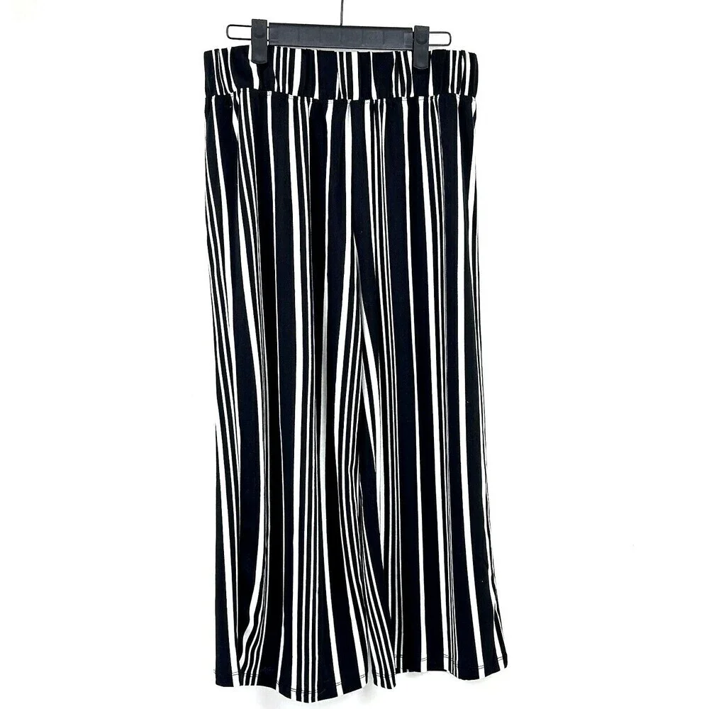 French Laundry Wide Leg Cropped Pants M Black & White Striped Elastic Waist